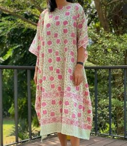 Vestido Largo Holgado con Estampado Floral Rosa, Cuello Redondo, Manga Tres Cuartos, Estilo Boho, Kaftán de Algodón, Transpirable, Vestido Informal de Verano - Product Image 3