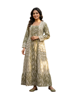 Robe maxi verte imprimée à col carré et manches longues, coupe ample, tissu tissé décontracté, à porter toute l'année - Product Image 1