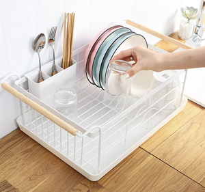 OEM/ODM Vietnam Single Tier Stainless Steel <b>Dish</b> Drainer <b>Rack</b> with Wooden Handles Removable Tray Organizer - Product Image 1