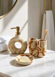 Ensemble de salle de bain en céramique moderne, forme ronde, motif marbre, distributeur de savon, porte-brosse à dents, porte-savon, quatre pièces - Product Image 1