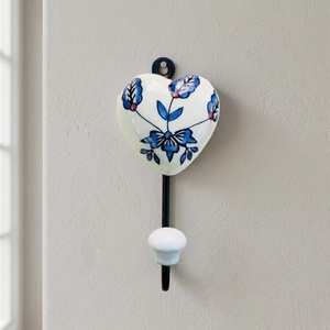 <b>Beads</b> <b>Art</b> Handmade Ceramic Heart Wall Hook with Blue Floral Design Rustic Style Multifunction Single Hook for Clothing - Product Image 3