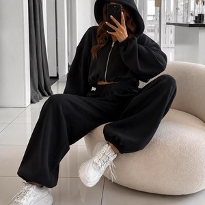 Women 2 Piece Tracksuit Set Hooded Zipper <b>Crop</b> <b>Top</b> Regular Sweatpants Full Length Solid Black Casual Winter 100% Cotton Quick - Product Image 4