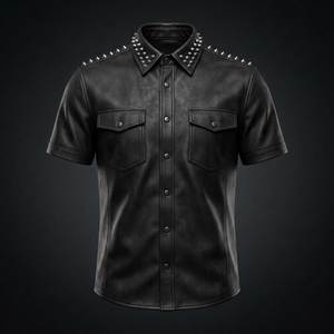 Chemise à manches courtes pour homme, aspect cuir noir, col rabattu, couleur unie, style punk, vêtements décontractés - Product Image 3