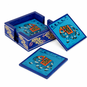 Ensemble de dessous-de-verre carrés en bois faits à la main Indirae Artistry avec support |   Design oriental, antidérapant, léger, en provenance du Rajasthan - Product Image 1