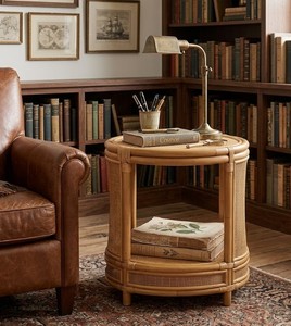 Natural Rattan <b>Side</b> <b>Table</b> with Woven Cane Panels, Round Top and Open Storage Shelf, <b>Rustic</b> Boho Accent <b>Table</b> for Home Use - Product Image 5
