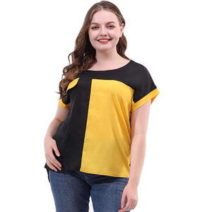 Women's Color Block <b>Cap</b> <b>Sleeve</b> T-Shirt Loose Fit O-Neck Casual <b>Top</b> Black Yellow Polyester Knitted Summer Wear - Product Image 2