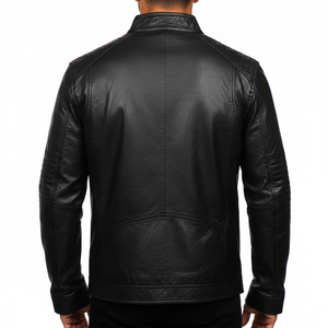 Blouson de motard unisexe en cuir noir personnalisé, col mandarin, épaulettes rembourrées, style streetwear, coupe ajustée, écologique, hiver, fermeture frontale - Product Image 3