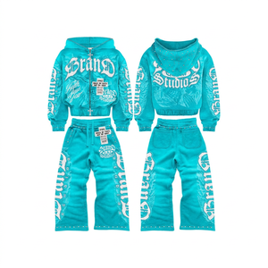 Conjunto de Sudadera con Capucha y Pantalones de Algodón para Hombre, Estilo Urbano, con Estampado por Sublimación Azul, Chaqueta con Cremallera, OEM ODM - Product Image 2