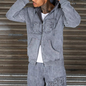 Ensemble sweat-shirt à capuche zippé et short en polaire gris unisexe avec broderie de lettres en perles, style streetwear, tenue d'été - Product Image 5