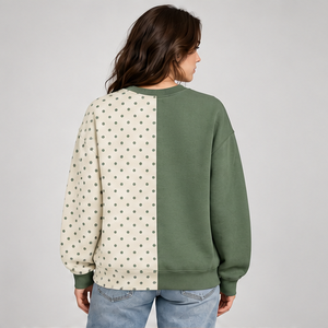 Sweat-shirt surdimensionné vert beige à pois fendus pour femme, col rond, épaules tombantes, manches longues, imprimé, pull personnalisé, vente en gros OEM - Product Image 2