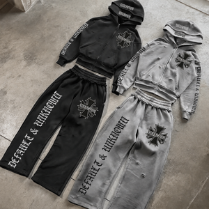 Custom Logo Heavyweight Cotton French Terry Distressed <b>Zip</b> Hoodie Wide Leg Sweatpants Oversized Unisex Streetwear Tracksuit Sets - Product Image 1