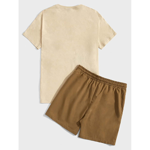 Ensemble streetwear homme t-shirt et short en jersey de coton épais 240 GSM, short marron terre avec empiècements, logo personnalisé imprimé, ensemble 2 pièces - Product Image 2