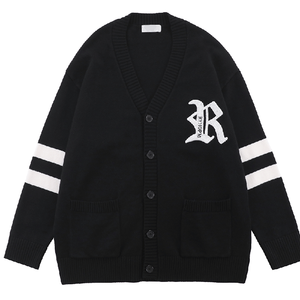 Women's Black V-Neck <b>Cardigan</b> Full Sleeve Preppy Style Letter Logo <b>Pockets</b> 100% Acrylic Knit Sweater Autumn Wear - Product Image 1