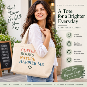 กระเป๋าผ้าแคนวาสลาย Coffee Books Nature Happier Me ขนาด 18 นิ้ว กระเป๋าช้อปปิ้งอเนกประสงค์ขนาดใหญ่ สไตล์มินิมอล - Product Image 4