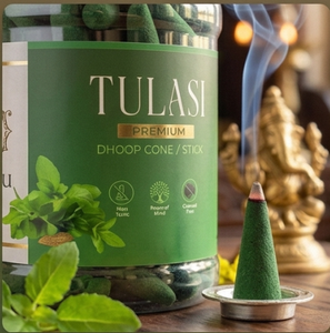Cône d'encens Tusli Dhoop en pot, encens de qualité supérieure Tulasi, cônes verts biologiques pour usage religieux indien toute saison avec pot doré - Product Image 2