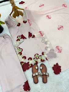 Ramdev Trading Indian <b>Women's</b> Heavy Japan Roman Glass Material Quick Dry Modern Style Embroidery Work <b>Kurta</b>/Kurti Set Wedding - Product Image 5