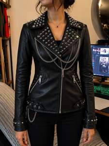 Concert Style Black Leather Windproof & Waterproof <b>Gothic</b> Punk Style <b>Jacket</b> Chain Detail Moto Father Day Special Gift - Product Image 1