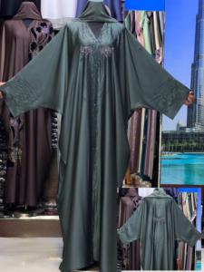 2026 New V Neck Long Sleeve Floor Length Modest Polyester Handmade <b>Flared</b> Hem Abaya Beaded Detail Women's Traditional Muslim - Product Image 1