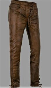 Pantalon homme en cuir véritable marron, coupe skinny, avec cordon de serrage et lacets sur le devant - Product Image 2