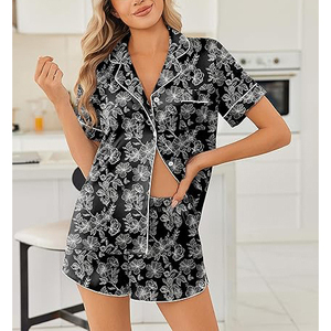 Conjunto de pijamas de satén de manga corta para mujer, ropa de dormir con botones y estampado floral, ropa de dormir informal de verano, conjunto de 2 piezas - Product Image 4