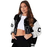 Veste universitaire vintage coupe oversize noire et blanche coupe-vent en laine pour femme, style décontracté hiver, avec broderies inspirées du baseball