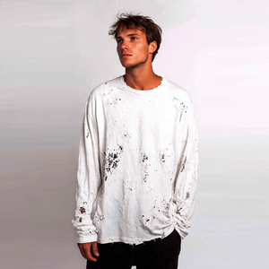 Camiseta de Gran Tamaño para Hombre, de Alta Calidad, Estilo Desgastado, Color Sólido, Algodón Ligero, Manga Larga, Corte Holgado - Product Image 3