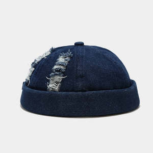 Custom Ripped Distressed Denim Docker <b>Cap</b> <b>Brimless</b> Rolled Cuff Beanie Hat 100% Cotton Adjustable Outdoor OEM Wholesale Unisex - Product Image 1