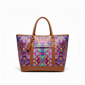 Bolsa de Lona con Estampado Floral Caleidoscópico y Ribete de Cuero Color Bronceado - Product Image 4