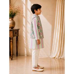 Ensemble Kurta Pajama pour homme Twisha-Xpressions, veste vert olive, manches longues, entièrement imprimé, coton, traditionnel, ethnique, pour fête, mariage - Product Image 2