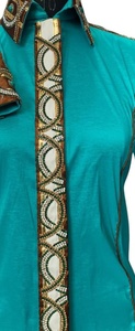 Camisa de seda turquesa estilo western con cuello y puños bordados, blusa de manga larga para espectáculos de vaqueras - Product Image 4
