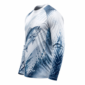 Chemise de pêche professionnelle à manches longues pour homme, séchage rapide, imprimé poisson, protection anti-UV, design par sublimation, bleu et blanc, UPF 50, coton - Product Image 4