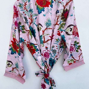 Kimono de Algodón con Estampado Floral Hecho a Mano, Transpirable, de Manga Larga, para Dormir y como Pareo de Playa para Mujer - Product Image 5