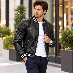 Blouson de baseball de luxe pour homme en cuir noir, motif grain d'autruche, poignets côtelés et fermeture éclair sur le devant, vente en gros, vêtements d'extérieur d'hiver - Product Image 1