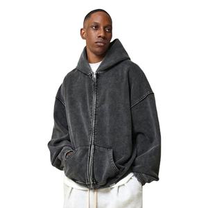 Mens Dark Grey Full Zip Hoodie <b>Vintage</b> Washed Oversized <b>Sweatshirt</b> Jacket Front Pockets Casual Streetwear OEM ODM Wholesale - Product Image 1