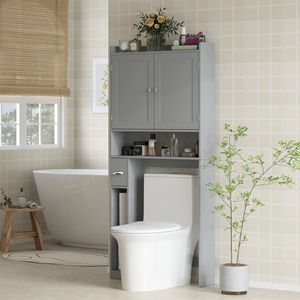 Mobiletto Moderno Grigio in PVC da Posizionare Sopra il WC con 2 Ante e Portarotolo, Unità di Stoccaggio per Uso Ospedaliero - Product Image 2