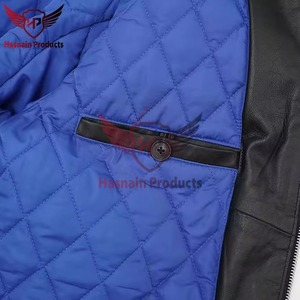 Blouson en cuir véritable noir pour homme avec doublure bleue, style motard, en cuir de vachette, avec poignets élastiques, personnalisé, classique, chaud pour l'hiver - Product Image 3