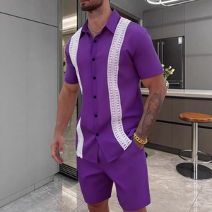 Chemise décontractée à manches courtes pour homme avec bordure en dentelle blanche, idéale pour l'été - Product Image 1