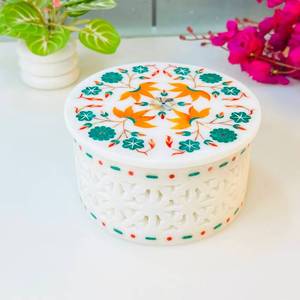 Marble Round Inlay Floral Work Jewelry <b>Box</b> Handcrafted Good Quality Piece Handmade Wholesale Best Price Available Here - Product Image 1