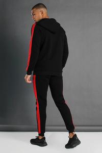 Men's Black Hooded Tracksuit Full Length Sweatshirt Jogger Set Striped Red Side Panels Breathable Polyester Autumn Wear - Product Image 3