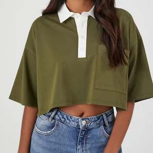 Camisetas Cortas Personalizadas para Mujer, de Color Sólido, Manga Corta, con Cuello Camisero, Top Informal de Punto para Verano - Product Image 5