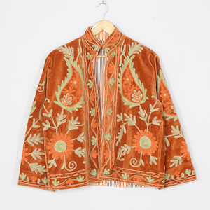 Chaqueta Reversible Acolchada de Terciopelo para Mujer, con Bordado de Cadena, Cuello Redondo, Manga Regular, Estilo Bohemio Floral, Otoño Invierno - Product Image 6