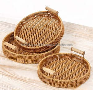 ถาดหวายทรงกลมทำด้วยมือพร้อมด้ามไม้เหมาะสำหรับผลไม้อาหารเช้าของว่างชาและอื่นๆ - Product Image 1
