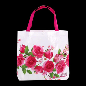 กระเป๋าช้อปปิ้งผ้าทอแบบใช้ซ้ำได้ เป็นมิตรกับสิ่งแวดล้อม ผลิตแบบ OEM/ODM  กระเป๋าโท้ทผ้าทอ PP รีไซเคิล ลายดอกไม้ สำหรับซูเปอร์มาร์เก็ต - Product Image 5