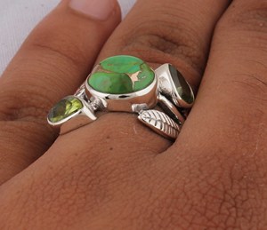 Natural Green Copper <b>Turquoise</b> Bezel Setting Leaf <b>Ring</b> 925 Sterling Silver Classic Organic Leaf Design Gemstone <b>Ring</b> - Product Image 5