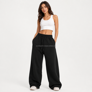 Pantalon de survêtement noir pour femme, taille haute, coupe large, en molleton, couleur unie, avec cordon de serrage, décontracté, ample, longueur intégrale, pour l'automne - Product Image 1