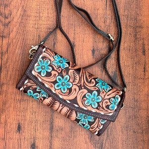 High Quality Hand Tooled Leather Women Purse Genuine Leather Crossbody <b>Turquoise</b> Floral Wallet Western Boho Floral Cowhide Bag - Product Image 2