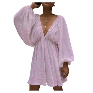 Vestidos Midi de Fiesta Formales para Mujer, Diseño 2026, Cuello en V Profundo, Estilo Linterna, Sexy, Algodón, Estampado Floral a Mano - Product Image 4