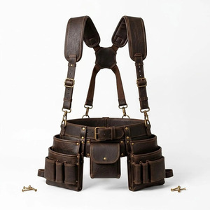 Ceinture porte-outils en cuir robuste pour constructeurs, avec plusieurs compartiments, coutures durables, boucle sécurisée et support pour marteau. - Product Image 2