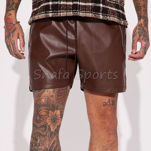 Manufacturer Custom Street Style Casual Leather <b>Short</b> <b>Patch</b> Drawstring Exposed Pockets PU Leather Cargo <b>Shorts</b> for <b>Men</b> - Product Image 5