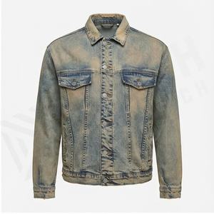 Veste en jean personnalisée vintage pour hommes, à la mode, lavée à l'acide avec trous en détresse, logo avant, vente en gros de jeans unis d'hiver - Product Image 2
